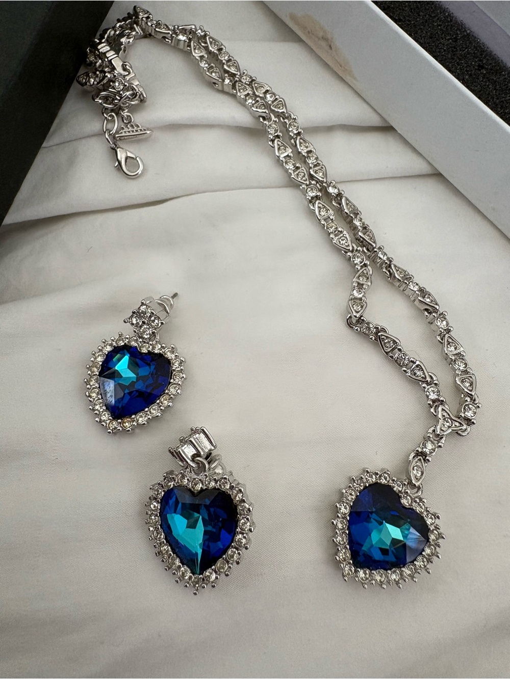 Silver Necklace and Earring Set with Blue Heart Crystal - Women Jewelry
